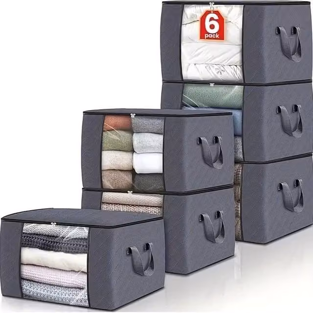 NESTLUNE 6-Piece Zipped Fabric Clothes Storage Bags in Grey