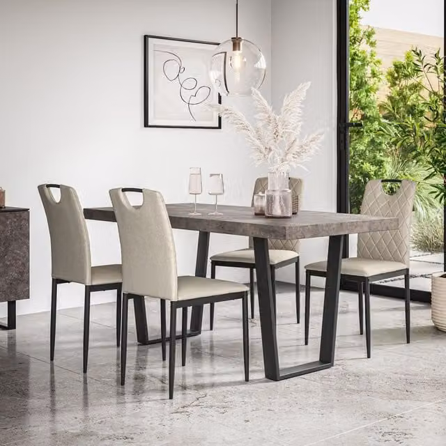 More4Homes Aria Dining Table and Monza Linen Dining Chair Set, Concrete Effect Table Top with Black Legs and 4 Beige Chairs, W/D/H: 160 x 80 x 76 cm – 1