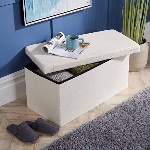 Home Source Folding Boucle Fabric Ottoman Storage Chest, Cream, W: 76 cm, D: 38 cm, H: 38 cm – 2