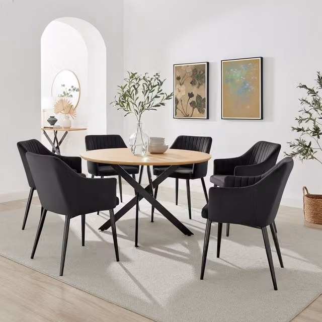 FurnitureboxUK Novara Oak Effect Round Dining Table and 6 Calla Black Velvet Chairs