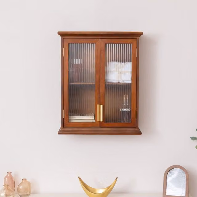 Melody Maison Rustic Wooden Wall Cabinet with Glass Doors and Internal Shelves in Brown and Gold