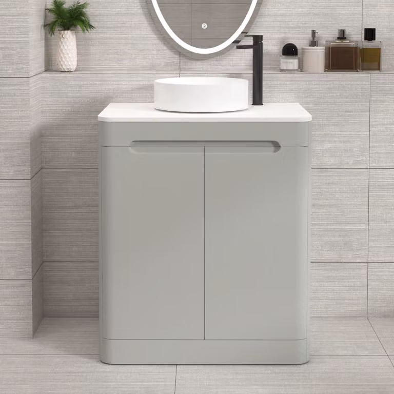 Royal Bathrooms Venice 700mm Dove Grey Floor Standing 2 Door Vanity Unit with Plain White Worktop and Art Deco Basin