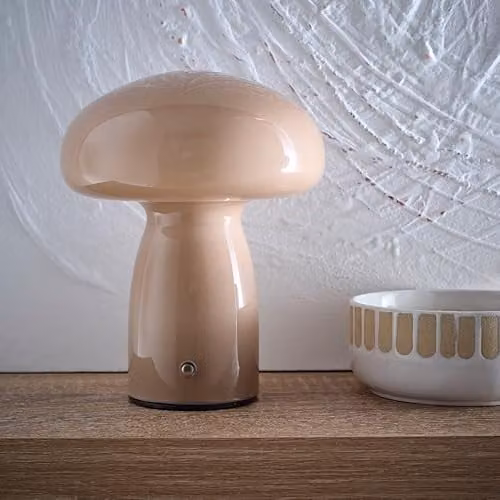 K LIVING Cory Rechargeable LED Mushroom Glass Table Lamp in Brown