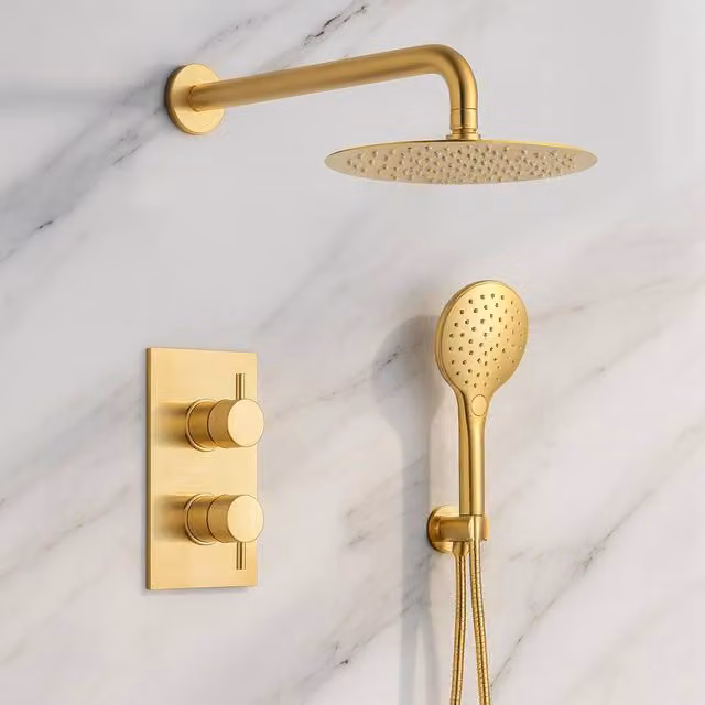 Bathroom Kingdom Avon Brushed Brass Thermostatic Shower Set with 250mm Rain Overhead Shower and Hand Shower in Gold