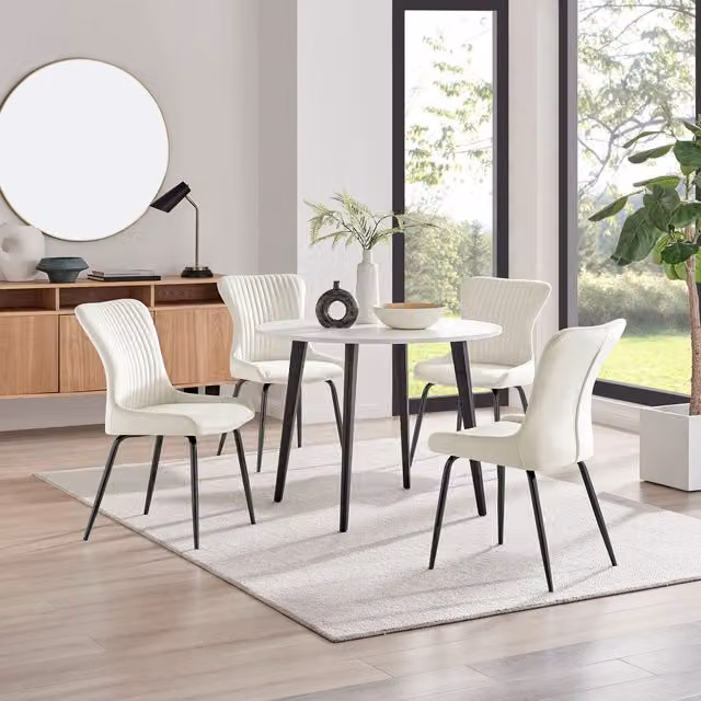 FurnitureboxUK Koko White Melamine Round Dining Table and 4 Nora Black Leg Chairs in Cream
