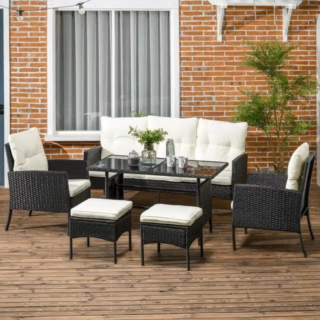Outsunny Modern Rattan Garden Furniture Set with Armchairs, Sofa and Footstools in Black
