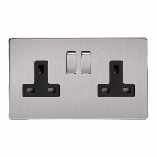 Varilight Double Switched Plug Socket, Brushed Steel with Black Insert, Grey, H x W x D: 86 x 147 x 32 mm