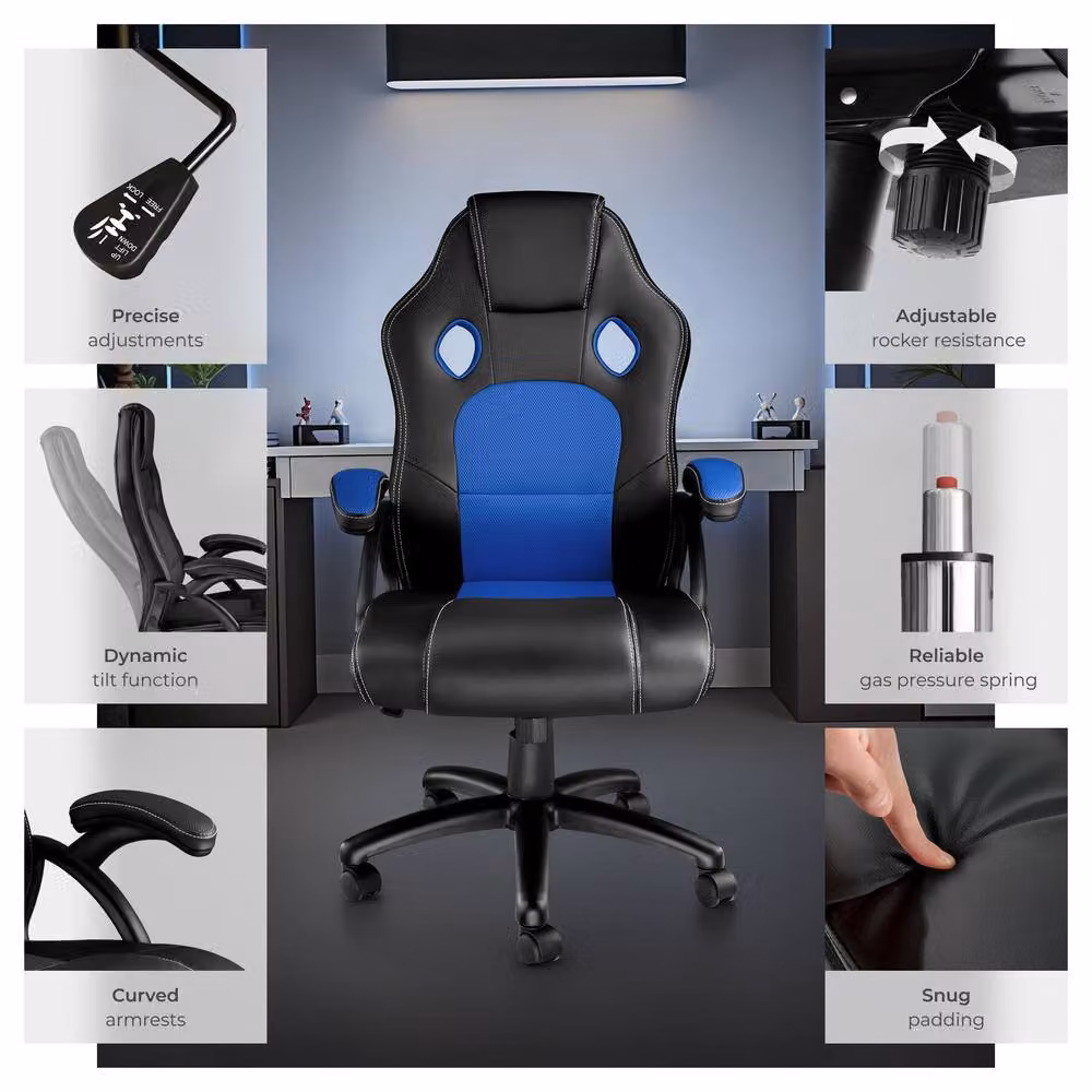tectake Tyson Gaming Chair in Blue with Armrests and Castors – 7