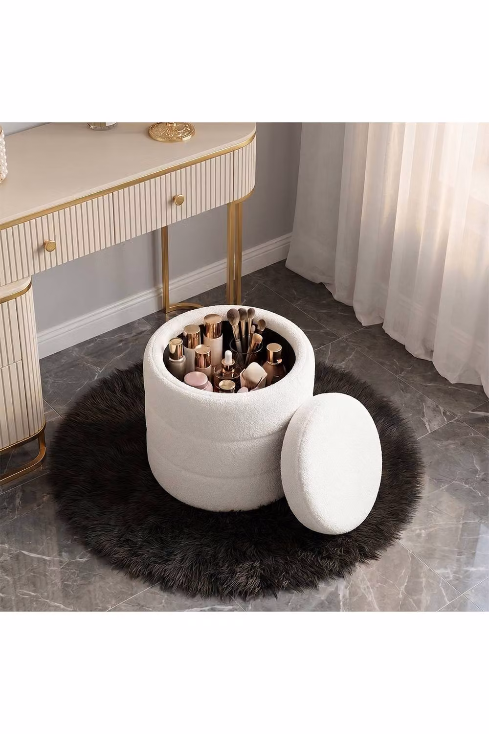Living and Home Teddy Fleece Upholstered Storage Ottoman in White – 3