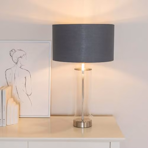 ValueLights Balan Table Lamp in Chrome and Grey with Transparent Glass Cylinder Shade – 2