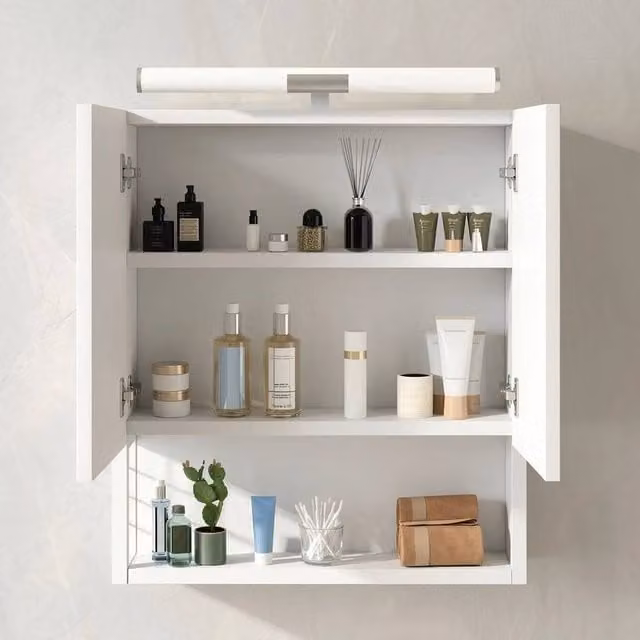 PAWNORA Modern White Wall Mounted Bathroom Mirror Cabinet with Integrated LED Lighting – 1
