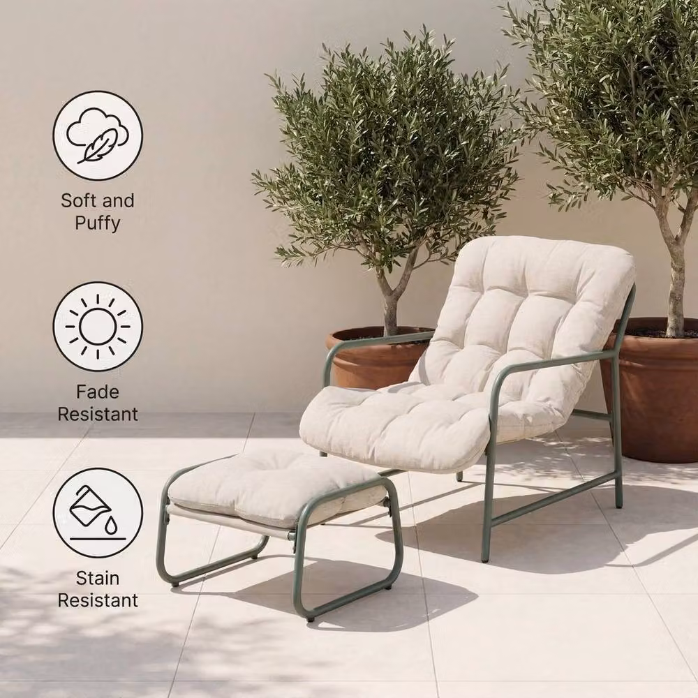 KORVIXA Beige Striped Sling Garden Relaxer Chair with Weatherproof Cushion and Steel Frame – 4