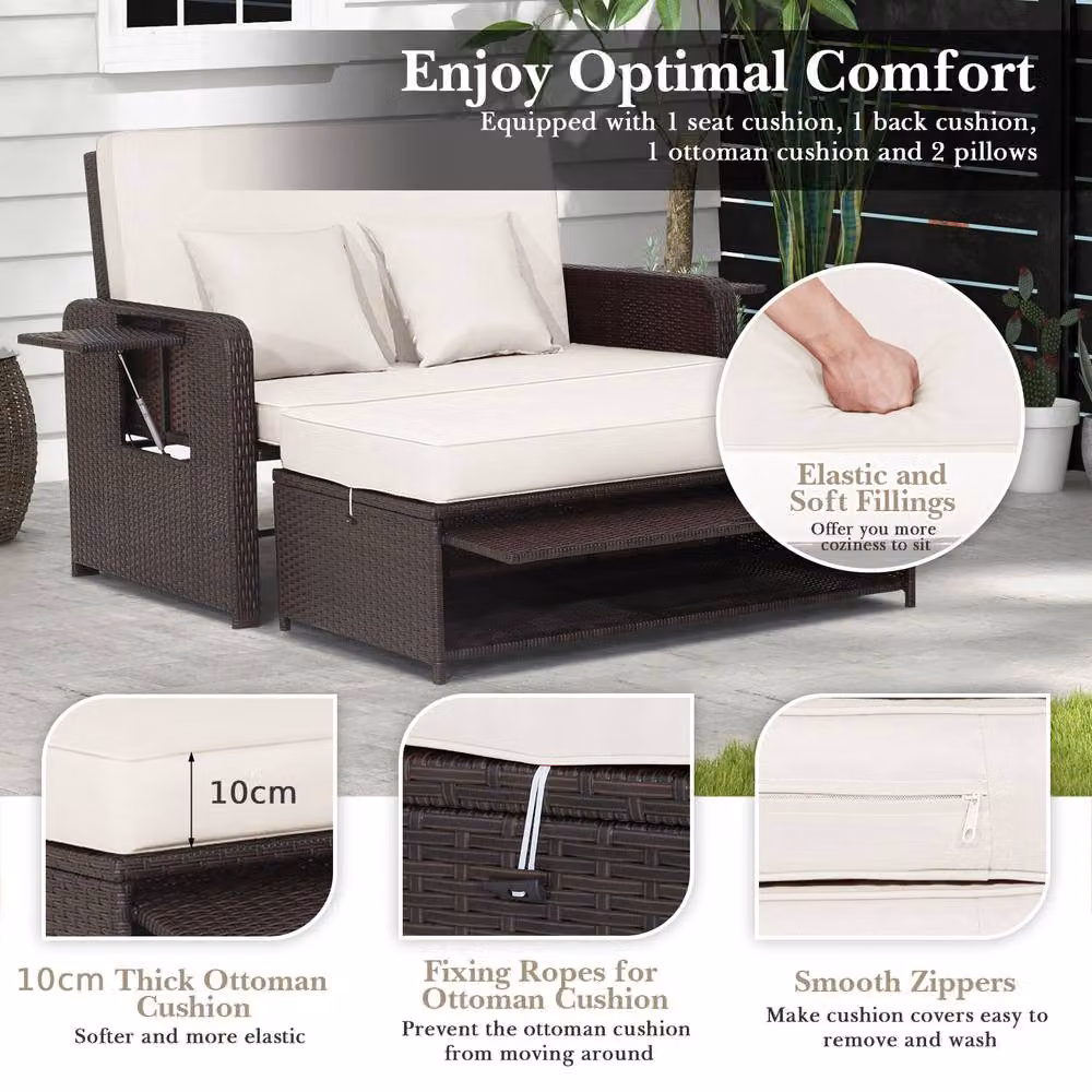 Costway White Polyrattan Patio Daybed Set with Loveseat Sofa, Ottoman and Side Tray – 2