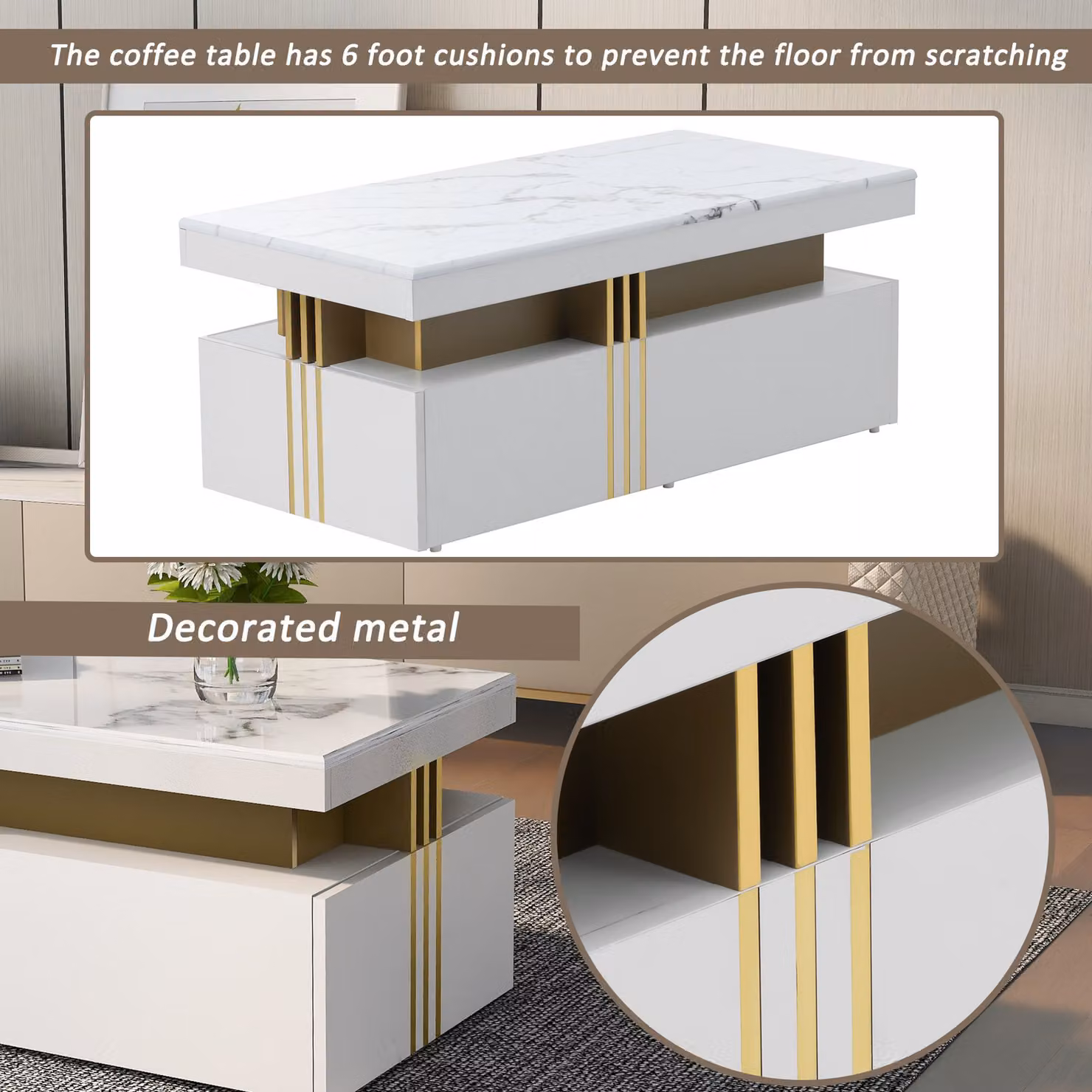 Aosom Modern Rectangular Coffee Table with Marble Veneer Top and 2 Wooden Drawers in White, W: 100 cm, D: 50 cm, H: 40 cm – 3