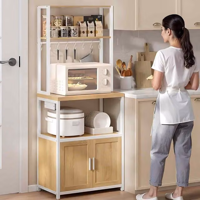 The Bazaarist Bakers Rack Coffee Bar with Power Outlet and 8 Hooks in Golden Oak and Cloud White