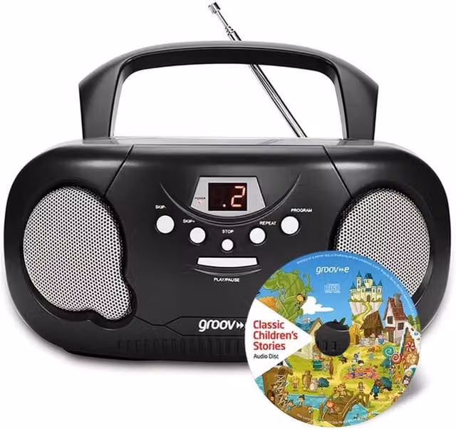 Groov-e Boombox Portable CD Player with Childrens Stories CD, Black