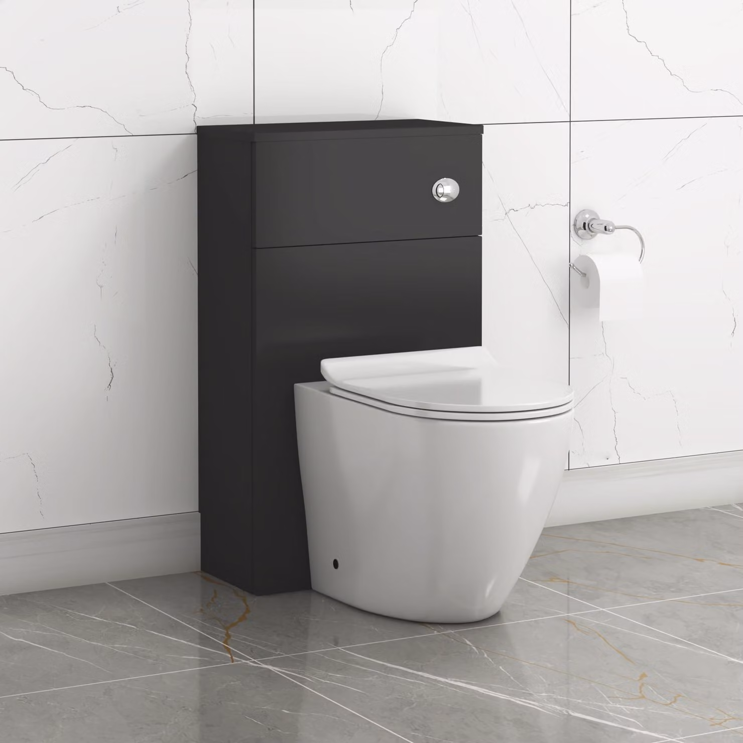 Royal Bathrooms Turin 500mm Matte Black BTW WC Unit with Elva White Ceramic Rimless Toilet Pan, Slim Soft Close Seat and Cistern