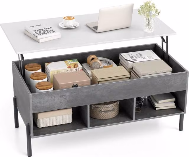 Gymax Modern Rectangular Lift-top Coffee Table with Metal Legs in Grey – 1