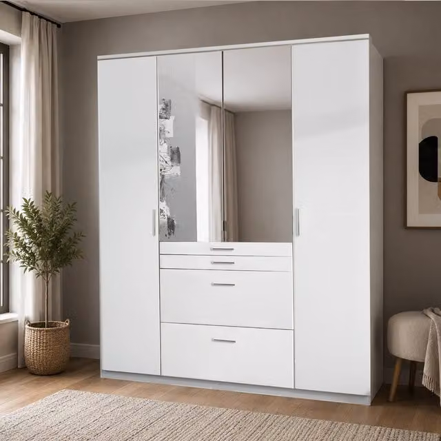 Aachen Matt White 4 Door 180cm Wardrobe with Mirror