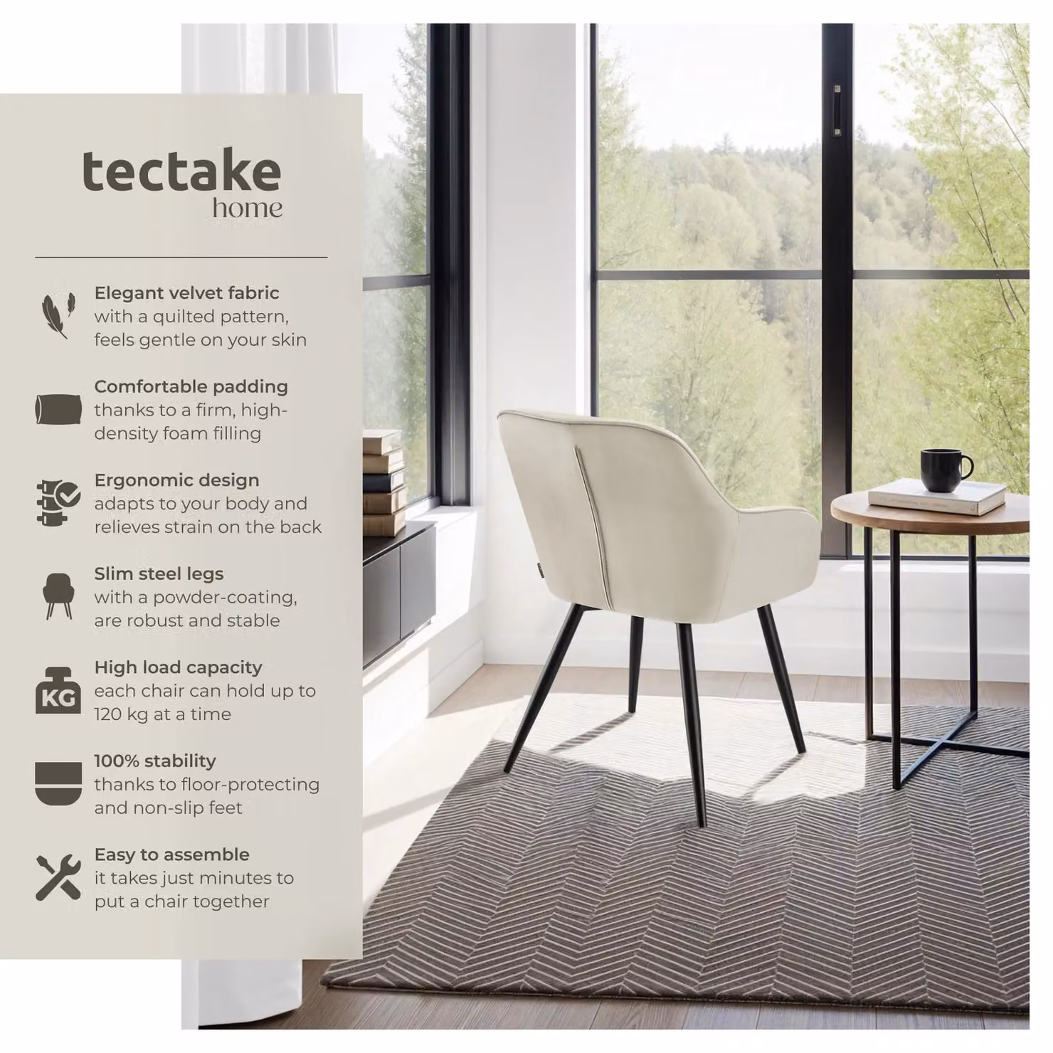 tectake Marilyn Set of 4 Dining Chairs in Cream and Black with Velvet Fabric and Armrests – 2