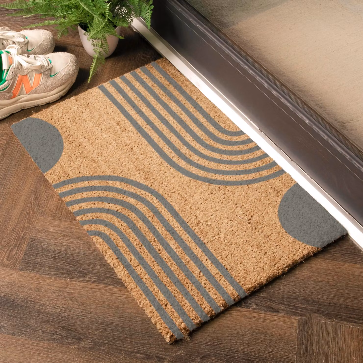 Artsy Mats Grey Abstract Lines and Semi Circles Coir Doormat, W: 60 cm, D: 40 cm – 2
