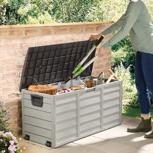 Coopers of Stortford Gainsborough Weatherproof Garden Storage Box with Lift-Up Lid and Wheels in Grey