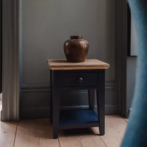 Statement Furniture Florence Wooden Sofa Table in Navy Blue with Drawer and Shelf, W/D/H: 40.0 x 45.0 x 55.0 cm