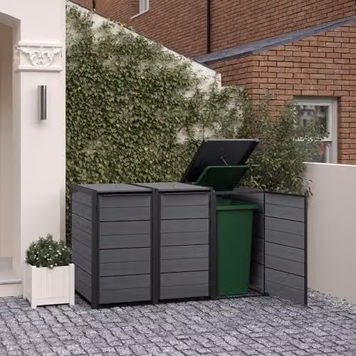 Keter Hideaway 3-Bin Outdoor Storage Unit in Grey Wood-Effect with Steel and Aluminium Frame – 2
