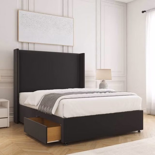 BSSPOKE Austin Super King Divan Bed Set with 2 Drawers, Headboard and Mattress in Black Plush Velvet