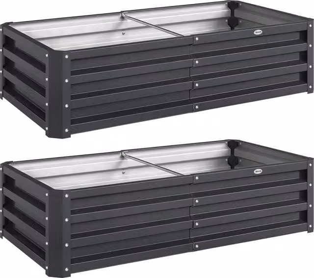 Outsunny Set of 2 Galvanised Steel Raised Garden Beds in Grey, W/D/H: 60 x 60 x 30.5 cm