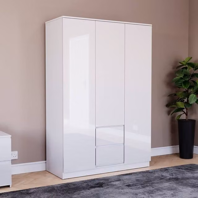 HD Designs Glinton High Gloss 3 Door 2 Drawer Wardrobe in White – 1