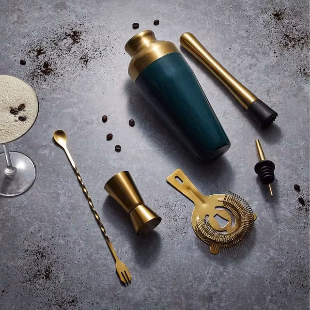 VonShef 6-Piece Stainless Steel Parisian Cocktail Shaker Set with Accessories in Green and Gold