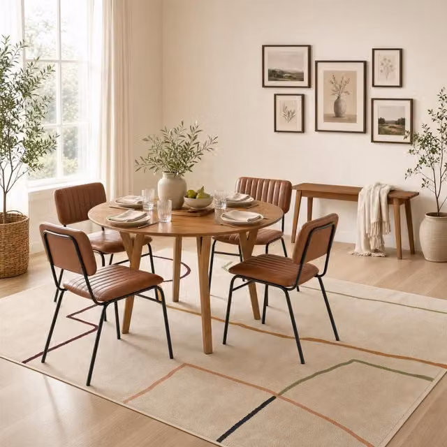 Furniturebox UK Lynton Walnut Effect Round Wood Dining Table and 4 Delta Chairs in Tan