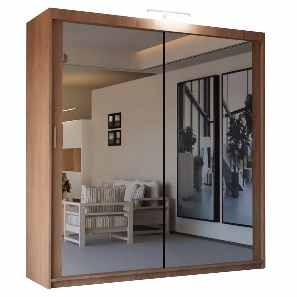 Sliding Wardrobes 4U Modern Mirror Sliding Wardrobe with Integrated LED Light, Brown, W: 150 cm, H: 217 cm – 2