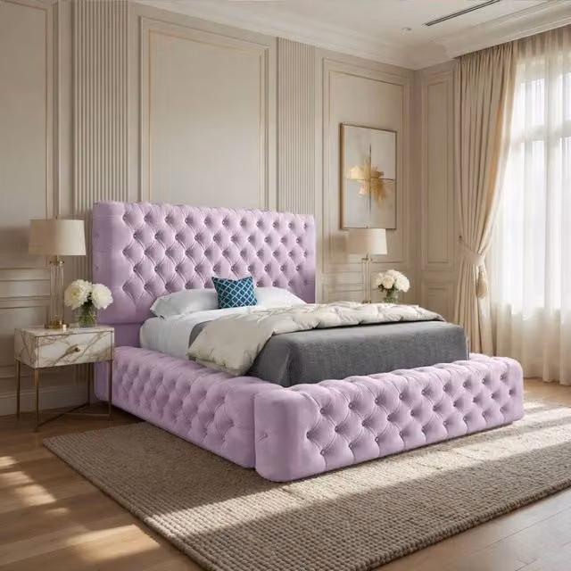 KDMD Lockerbie Pink Velvet Pleated Upholstered Designer Bed Frame, Super King, W/D/H: 200 x 137 x 221 cm