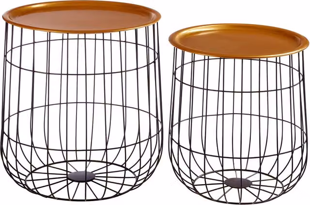 Orsina Set of 2 Round Black Wireframe Basket Side Tables with Gold Tops – 1