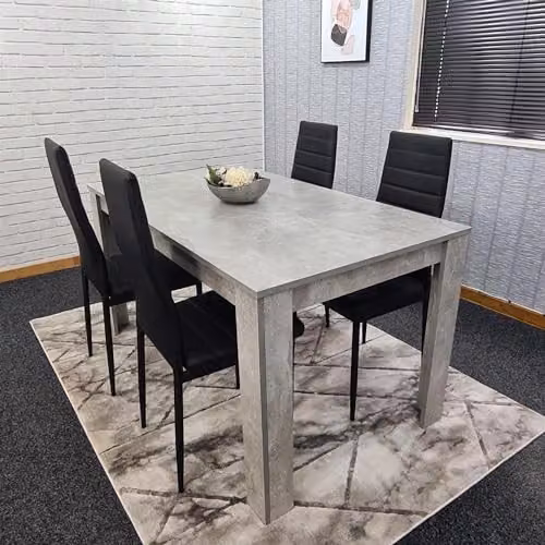 KOSY KOALA Modern 6 Seater Dining Table and 4 Black Faux Leather Chairs Set, Light Grey Rectangular Table, W/D/H: 117 x 77 x 75 cm – 2