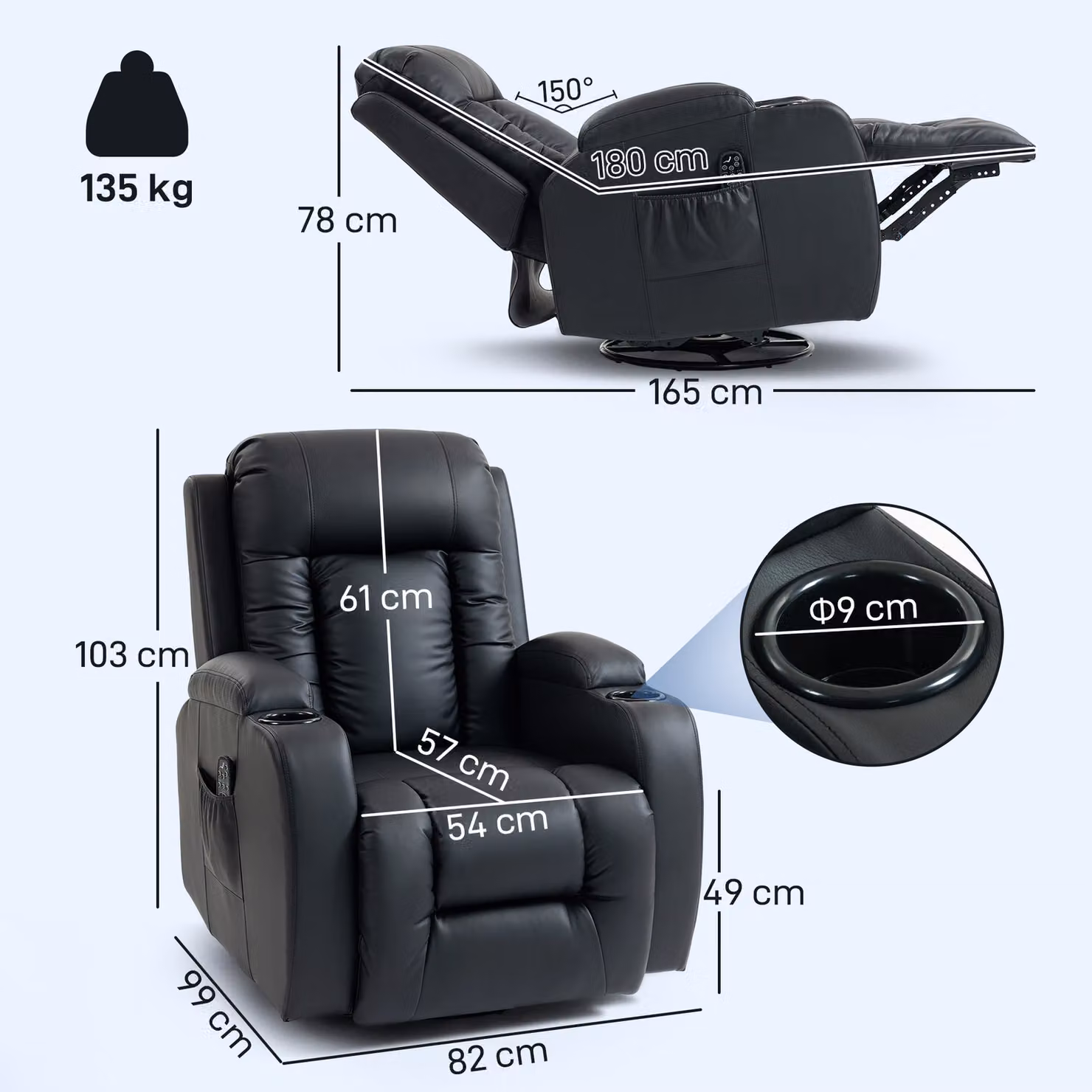 HOMCOM Black PU Leather Recliner Armchair with Extended Footrest, Cup Holders and Side Pockets – 3