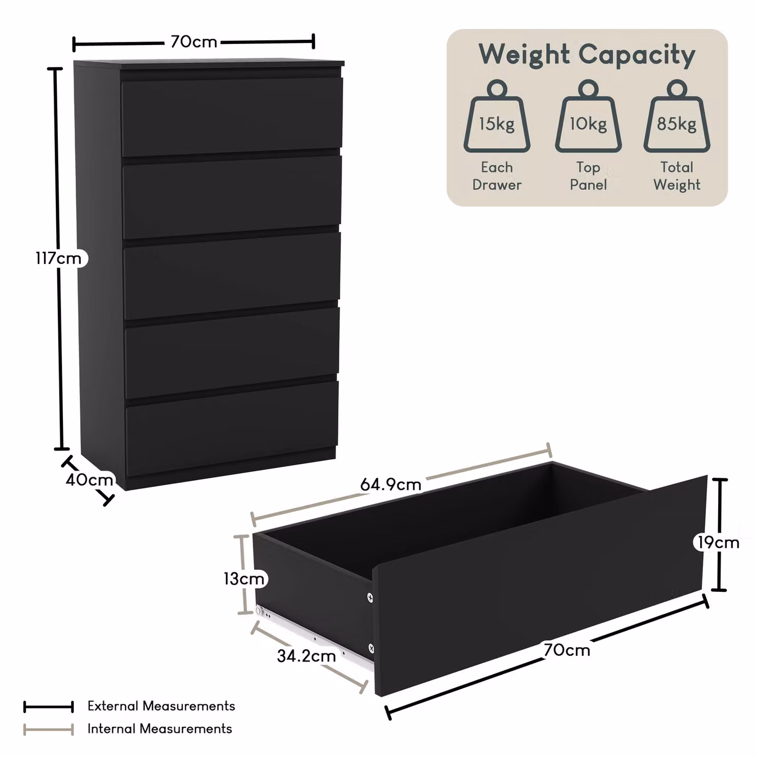 Vida Designs Denver 5 Drawer Chest of Drawers in Black – 2