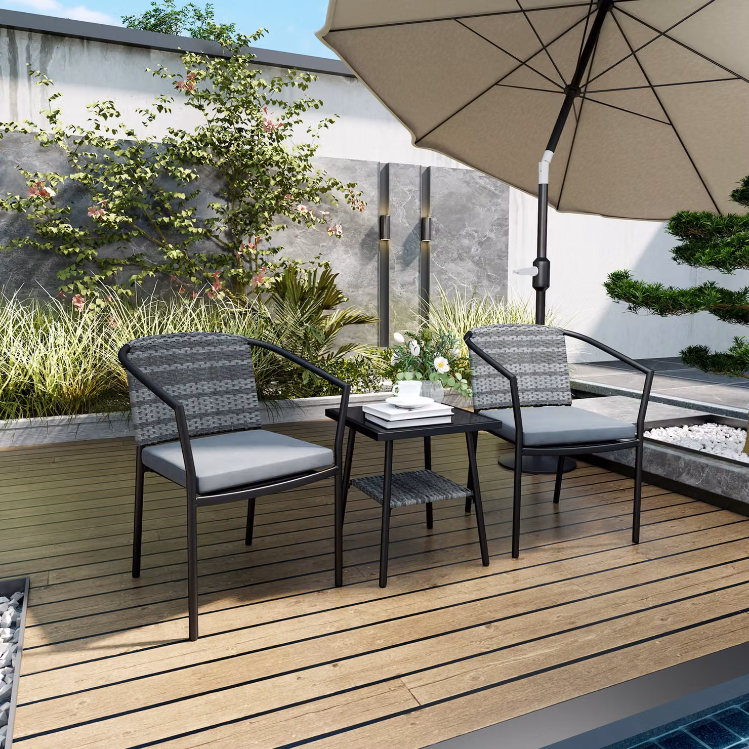 Outsunny 3 Piece Rattan Bistro Set with Cushions and Glass Top Coffee Table in Grey – 6