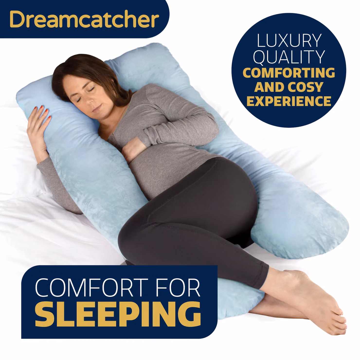 Dreamcatcher Blue U-Shaped Pregnancy Pillow with Shredded Memory Foam and Removable Velvet Cover – 3