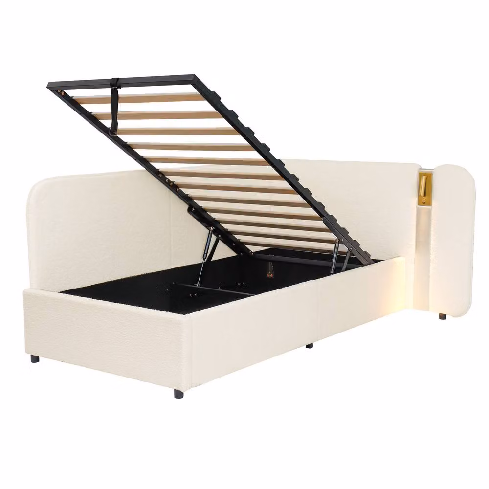 Matteo Beige Bouclé Upholstered Single Daybed with Storage, USB Charging Port and Integrated Reading Light, W/D/H: 90 x 200 cm – 3