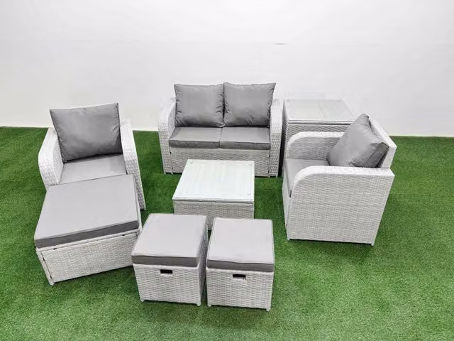 Fimous 7 Seater Light Grey PE Wicker Rattan Garden Furniture Set with Reclining Adjustable Chairs, Square Coffee Table and 3 Stools
