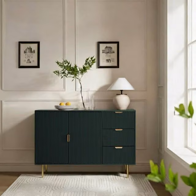 OHS Modern Ribbed Sideboard Cabinet with Drawers and Shelves in Matt Dark Green – 1