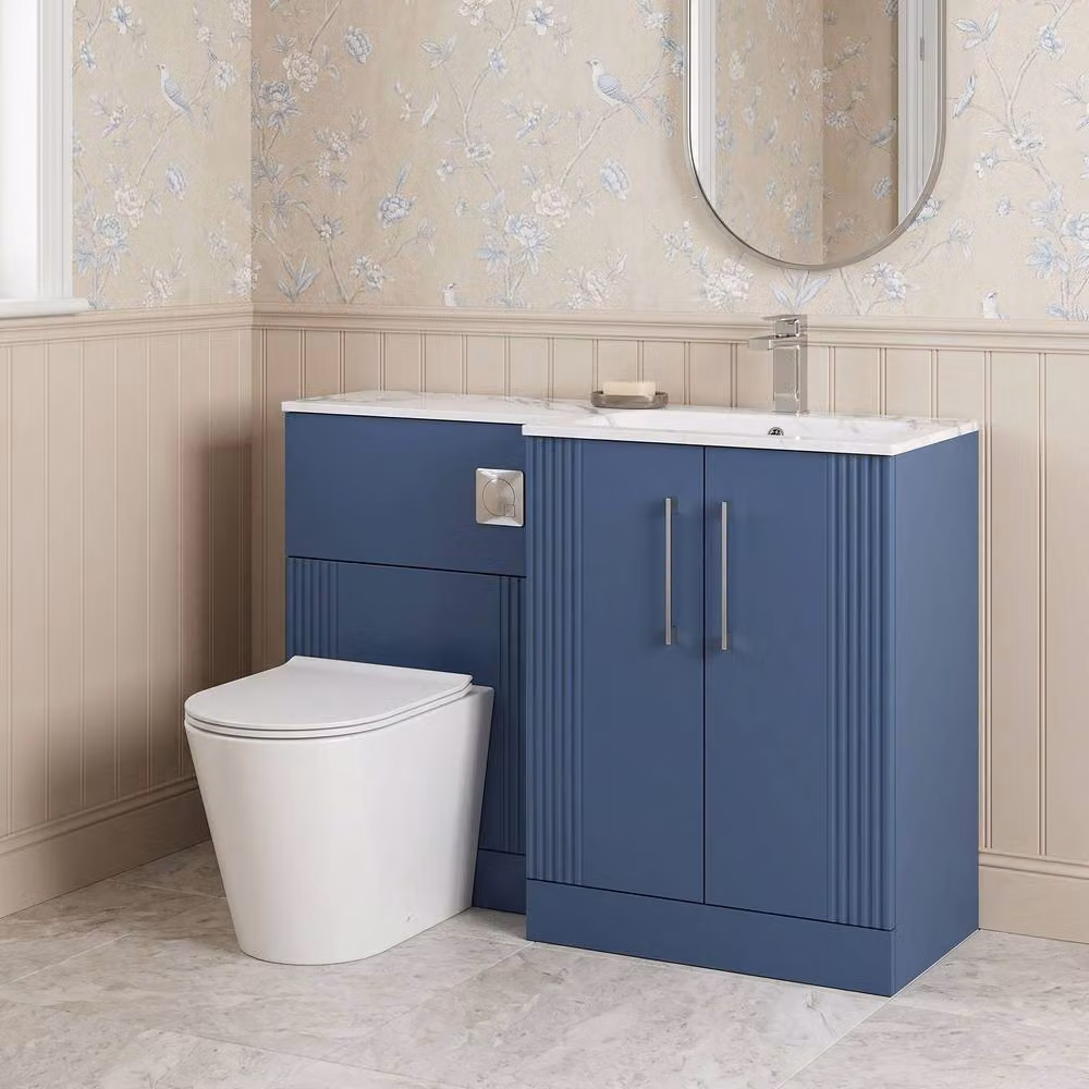 Balterley Belvide Retro Partially Fluted Floor Standing 2 Door Vanity Basin WC Combination Unit with Carrera Marble Stone Basin, Satin Blue, W: 110 cm, D: 45.8 cm, H: 85.8 cm – 2