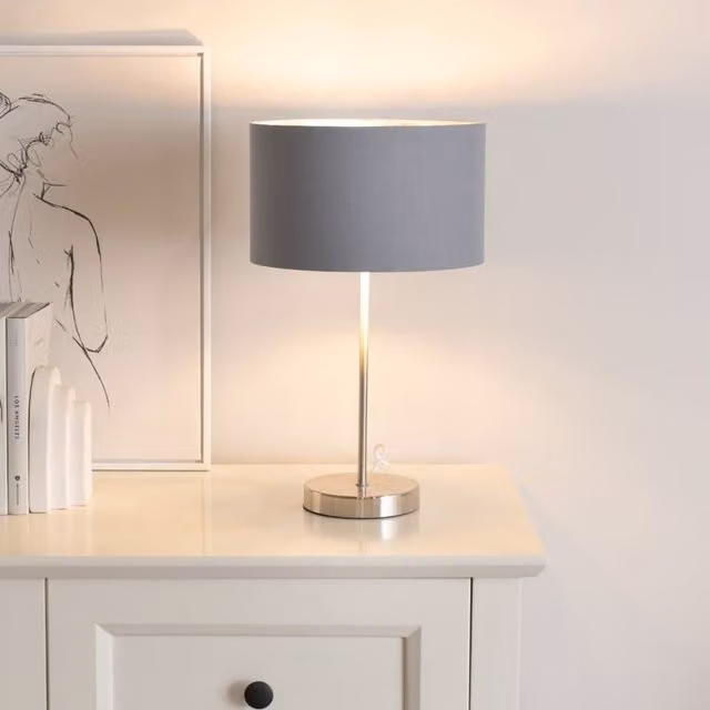 ValueLights Charlie Modern Table Lamp with Grey Fabric Drum Shade and Chrome Stem, including Bulb