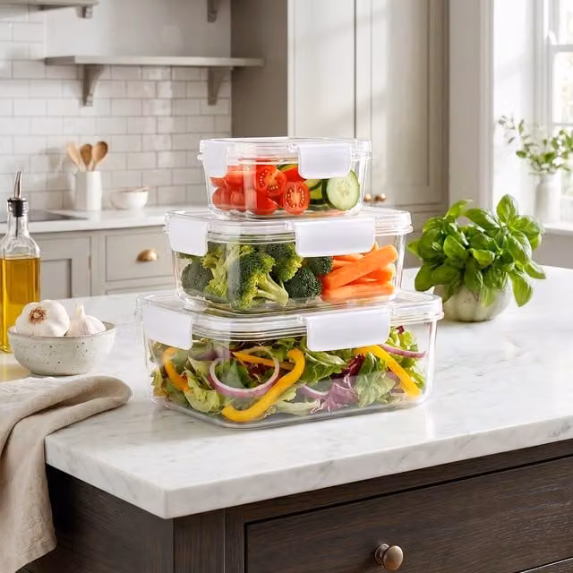 Lifeideas 3 Piece Stackable Plastic Fridge Storage Container Set with Snap Lids, Transparent