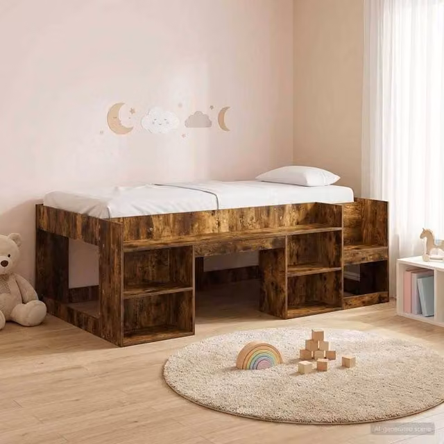 Berkfield Home Kids Bed Frame with Side Compartment Storage in Smoked Oak Brown, W/D/H: 90 x 200 cm