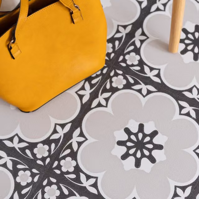 Fine Decor Daphne Black and Multicolour Self-Adhesive Vinyl Floor Tiles, 0.93sqm (Pack of 10)