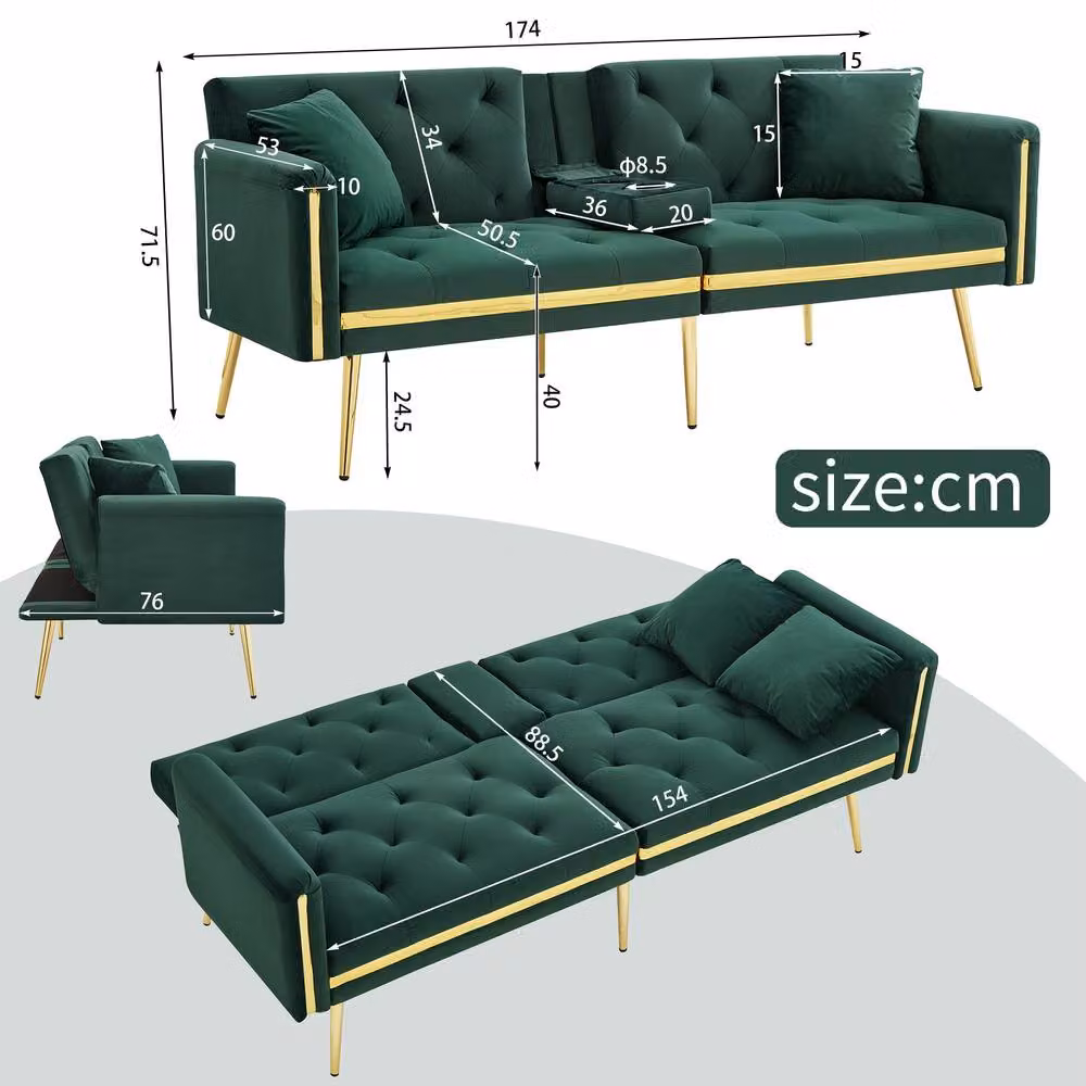 ModernLuxe Green Velvet 2-Seater Convertible Sofa Bed with Cup Holders and Metal Frame, W/D/H: 174 x 76 x 71.5 cm – 3